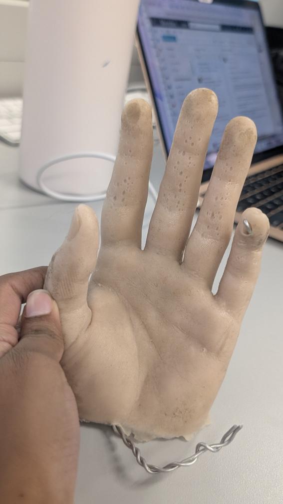 Rubber Hand - Physical characteristics: plasticy feel, grimy & dirty, pale peach/tan, metal armourture inside State: refined Placicity: pliable Use: molding, modelling